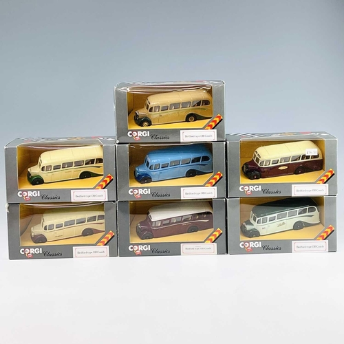 718 - Corgi Bedford OB Die Cast Coaches. A box containing 8 different boxed Corgi OB coaches all in good c... 