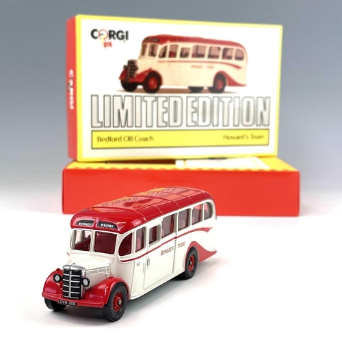 718 - Corgi Bedford OB Die Cast Coaches. A box containing 8 different boxed Corgi OB coaches all in good c... 