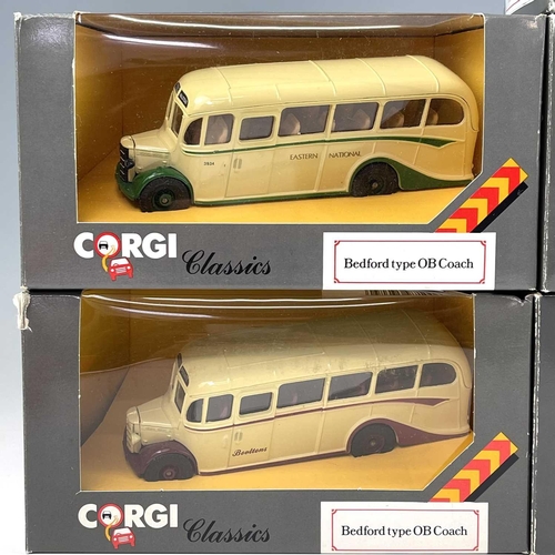 718 - Corgi Bedford OB Die Cast Coaches. A box containing 8 different boxed Corgi OB coaches all in good c... 