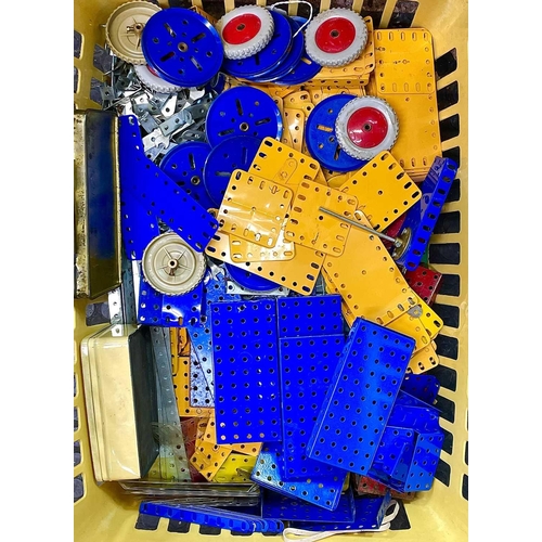 746 - Meccano. Comprising a wooden box and a plastic laundry basket. Wooden Box marked 