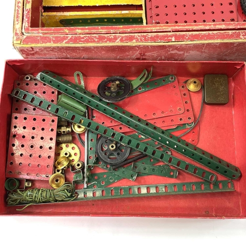 747 - Meccano x4 boxes. Comprising: 1: No. 9 Red Meccano set in worn box containing 2 sectional layers con... 