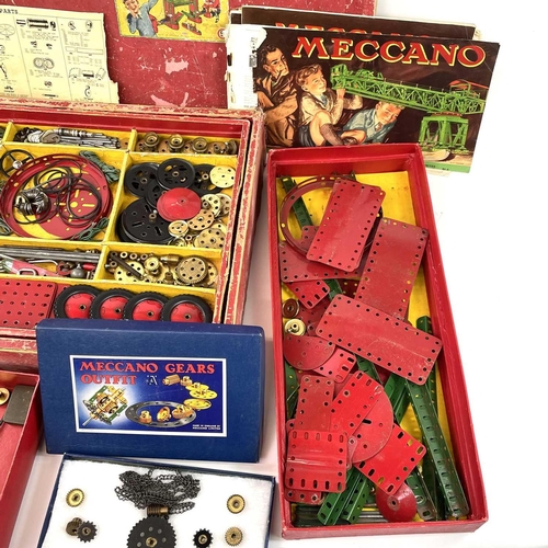 747 - Meccano x4 boxes. Comprising: 1: No. 9 Red Meccano set in worn box containing 2 sectional layers con... 