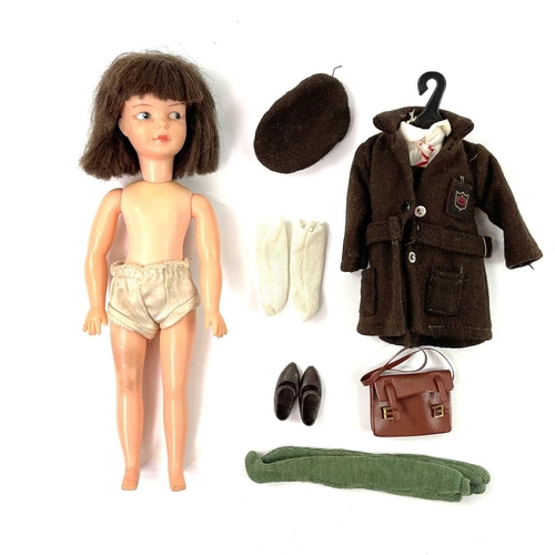 765 - Pedigree/Cindy doll, wardrobe & outfits. A pink and white Pedigree wardrobe, plus a Doll marked 'mad... 