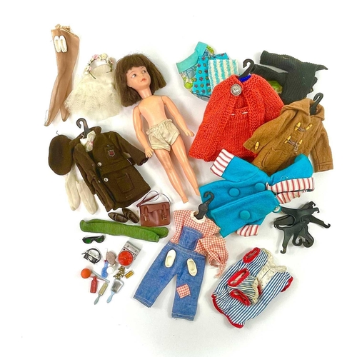 765 - Pedigree/Cindy doll, wardrobe & outfits. A pink and white Pedigree wardrobe, plus a Doll marked 'mad... 