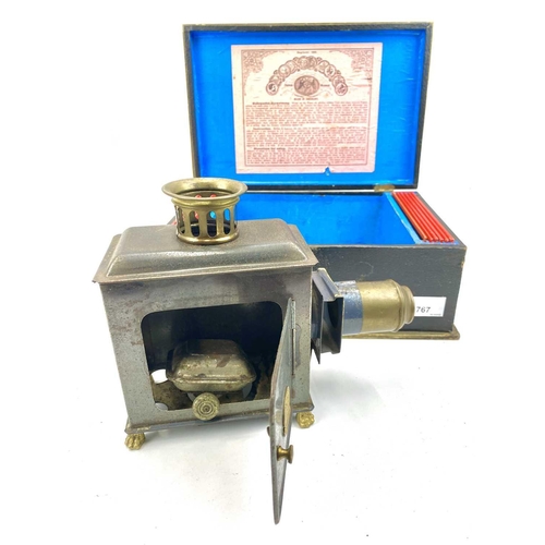 767 - E.P. German 19th Century Tinplate Magic Lantern & Slides in Original Case. Comprising a blue Ernst P... 