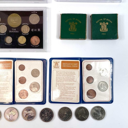 9 - G.B Crowns, Coin Sets, 1935 Silver Medallion, etc. A box comprising: 4 x 1/2d to 2/6 plastic cased c... 