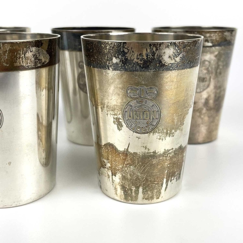 102 - A 19th century set of six German 800 silver beakers by Eichler, Berlin. of plain form with engraved ... 