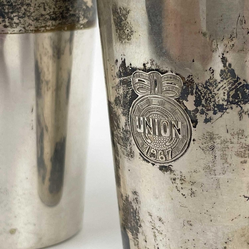 102 - A 19th century set of six German 800 silver beakers by Eichler, Berlin. of plain form with engraved ... 