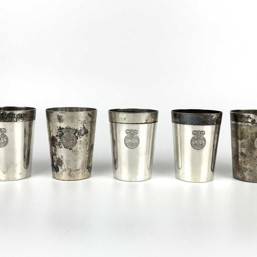 102 - A 19th century set of six German 800 silver beakers by Eichler, Berlin. of plain form with engraved ... 