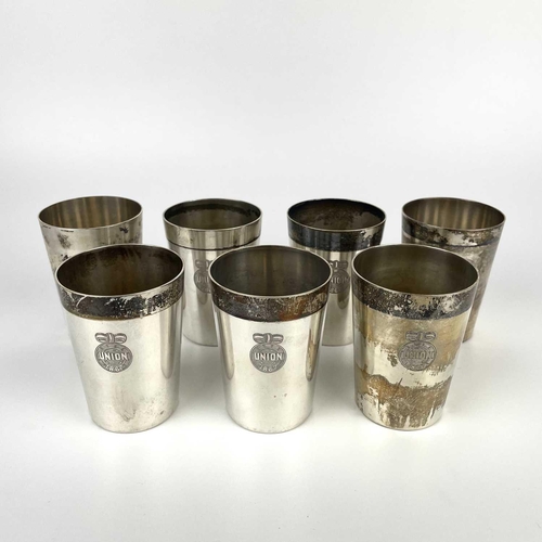 102 - A 19th century set of six German 800 silver beakers by Eichler, Berlin. of plain form with engraved ... 