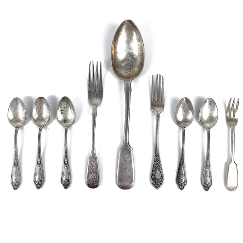 18 - A collection of Russian silver spoons and forks. Including a set of five teaspoons with 84 standard ... 