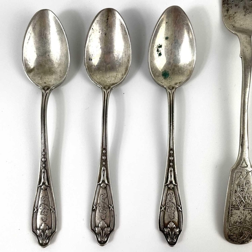 18 - A collection of Russian silver spoons and forks. Including a set of five teaspoons with 84 standard ... 