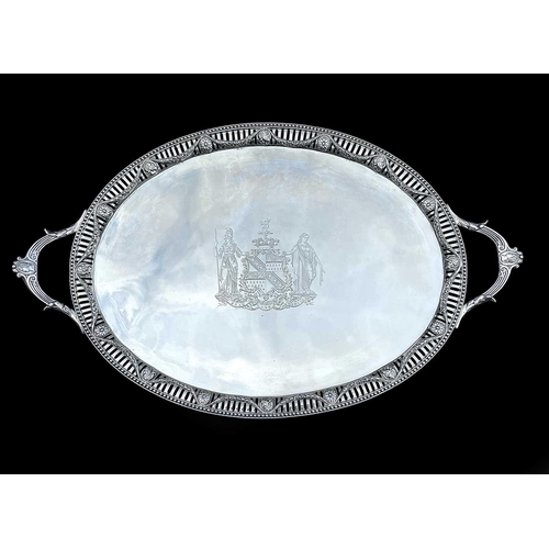 23 - An impressive Georgian style silver Neo-Classical large oval twin handled tea tray The beaded edge c... 