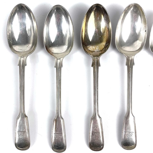 27 - A Victorian silver set of seven fiddle and thread pattern dessert spoons. By George Jackson & David ... 