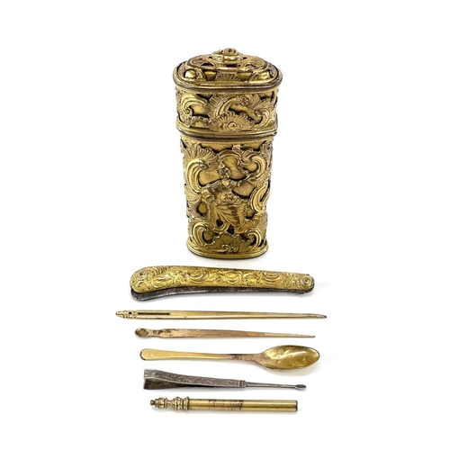 314 - A late 18th century Ormolu etui with six fitted implements The case with hinged lid and with applied... 