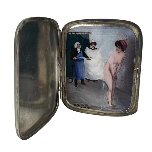 315 - A good continental silver plated and enamel erotic cigarette case. The hinged cover revealing a hidd... 