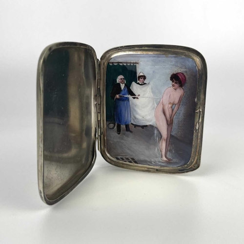 315 - A good continental silver plated and enamel erotic cigarette case. The hinged cover revealing a hidd... 