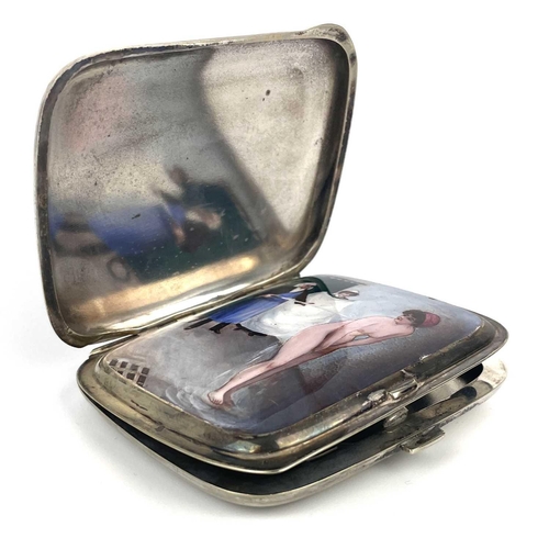 315 - A good continental silver plated and enamel erotic cigarette case. The hinged cover revealing a hidd... 