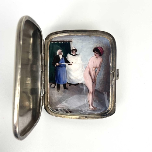 315 - A good continental silver plated and enamel erotic cigarette case. The hinged cover revealing a hidd... 