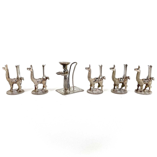 318 - A Peruvian 925 silver set of five novelty menu holders in the form of Llamas. Each realistically mod... 