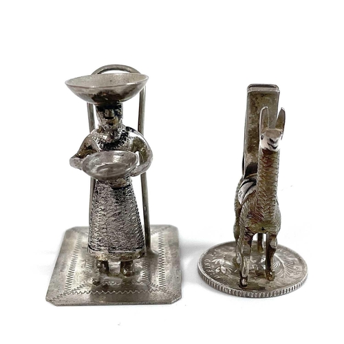 318 - A Peruvian 925 silver set of five novelty menu holders in the form of Llamas. Each realistically mod... 