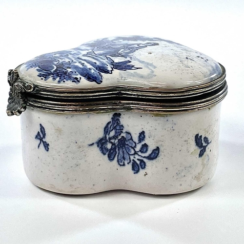 324 - A 19th century blue and white tin glazed lobed hinge lidded box The white metal rims with scallop sh... 