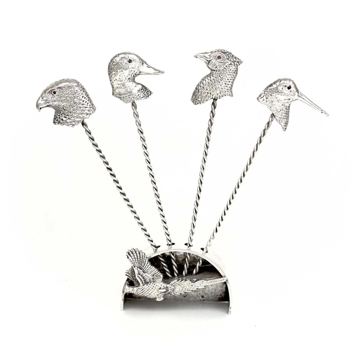 325 - Contemporary .999 fine silver 'Game Bird' picks by James Suddaby. The eyes of the bird head finials ... 