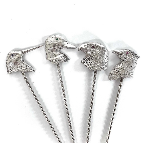 325 - Contemporary .999 fine silver 'Game Bird' picks by James Suddaby. The eyes of the bird head finials ... 