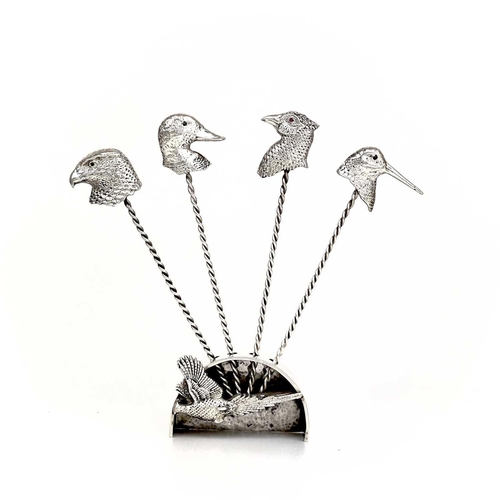 325 - Contemporary .999 fine silver 'Game Bird' picks by James Suddaby. The eyes of the bird head finials ... 