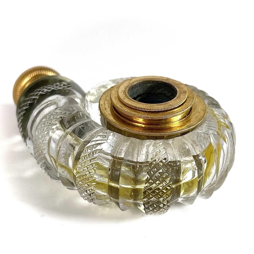 330 - An unusual 19th century gilt lacquered cut glass monocular spyglass scent bottle. The glass bottle o... 