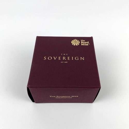 340 - A 2019 full sovereign coin. Within fitted box and Royal Mint certificate.