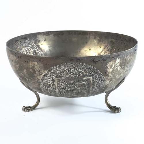 35 - A Cypriot 800 silver bowl stamped SOPHOCLIDES. The bowl embossed with three circular medallions, rai... 