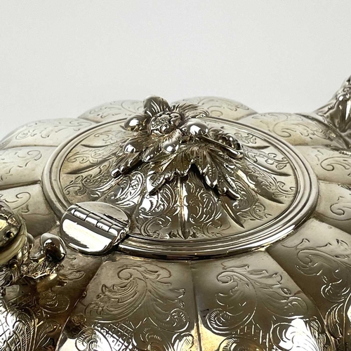 41 - An impressive William IV Irish silver three piece tea set by James Moore. Of squat lobed form with l... 