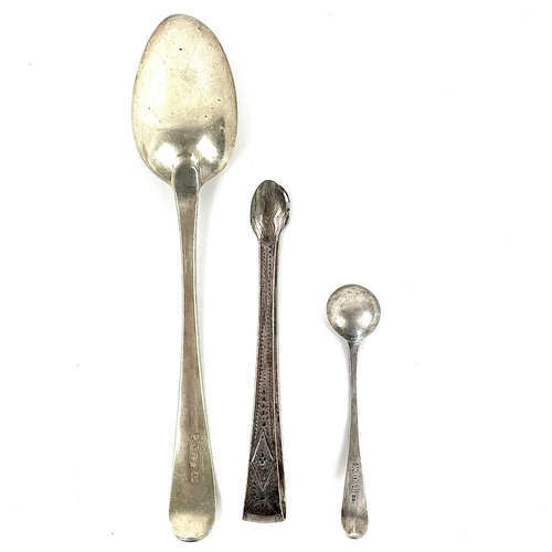 47 - A George III silver table spoon by Hester Bateman, London 1825. Together with a pair of silver tongs... 