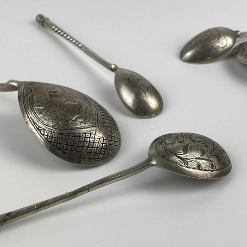 90 - Eight various Russian silver spoons. Each with 84 standard marks, length of longest 16cm, 151g.