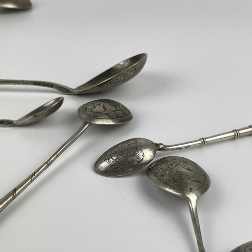 90 - Eight various Russian silver spoons. Each with 84 standard marks, length of longest 16cm, 151g.