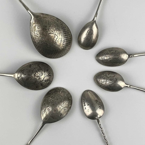 90 - Eight various Russian silver spoons. Each with 84 standard marks, length of longest 16cm, 151g.