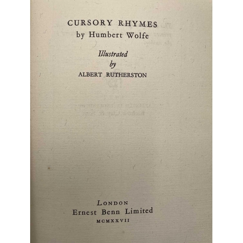 174 - HUMBERT WOLFE 'Cursory Rhymes,' signed by author, illustrated by Albert Rutherson, quarter cloth, so... 