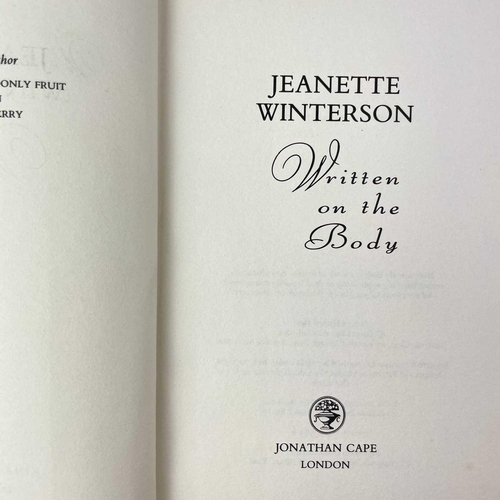 198 - Five works by Jeanette Winterson. WRITTEN ON THE BODY (1992) Jonathan Cape. First edition Price clip... 