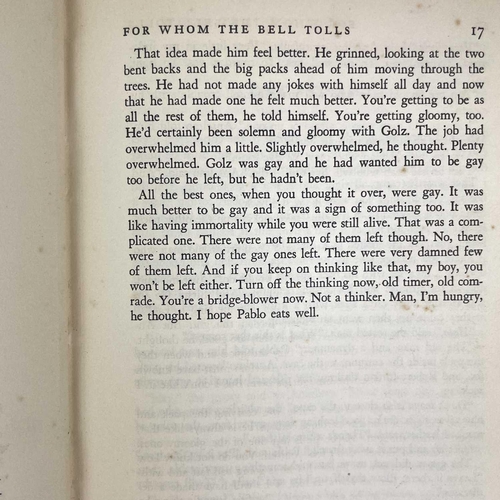 216 - ERNEST HEMINGWAY. 'For Whom the Bell Tolls'. First edition thus, original cloth, rebacked, rubbed, t... 