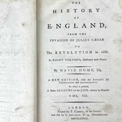 286 - DAVID HUME. ‘The History of England’, Eight vols, full leather, loose first few leaves to vol II, T.... 