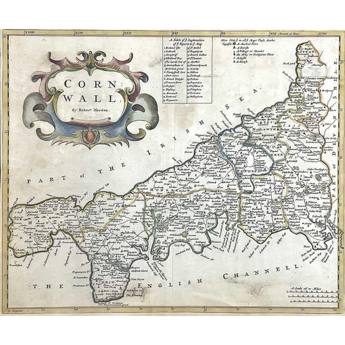 436 - ROBERT MORDEN. 'Cornwall'. Hand coloured copper engraved map, centre fold, perspex frame, 18th centu... 