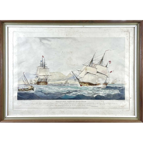 447 - T. SUTHERLAND after W. J. HUGGINS. 'Table Bay, Cape of Good Hope,' Hand coloured aquatint, framed an... 