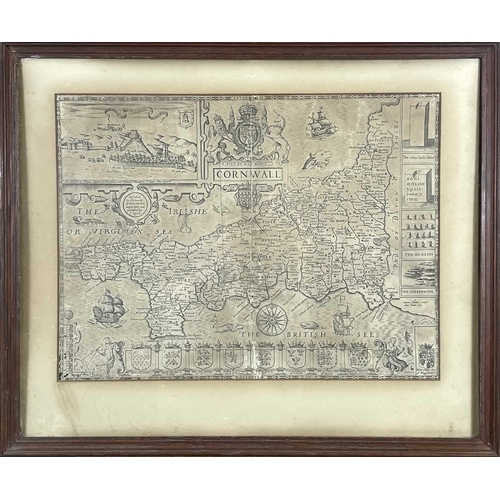 449 - John Speed. 'Cornwall,' copper engraved map. In a fair condition, tonning all over, centre fold, sma... 