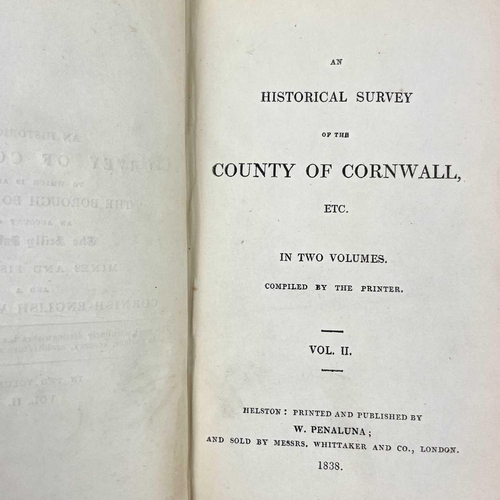 57 - 'An Historical Survey of the County of Cornwall,' Two vols, hand coloured engraved frontis of Helsto... 