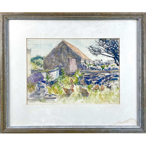 102 - Sue LEWINGTON (1956) Barn, Boat & Hens. Ink and wash Signed 25 x 36cm