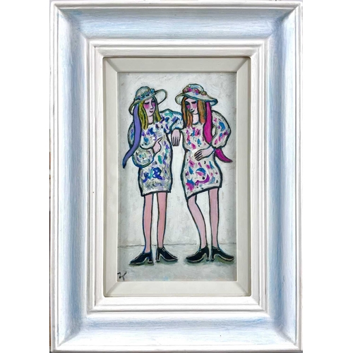 121 - Joan GILLCHREST (1918-2008) Two Women Oil on board, signed, 27 x 15cm.