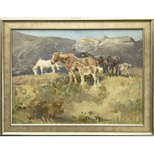 162 - Charles Walter SIMPSON (1885-1971) Horses Grazing near Princetown Oil on board, Signed, inscribed to... 