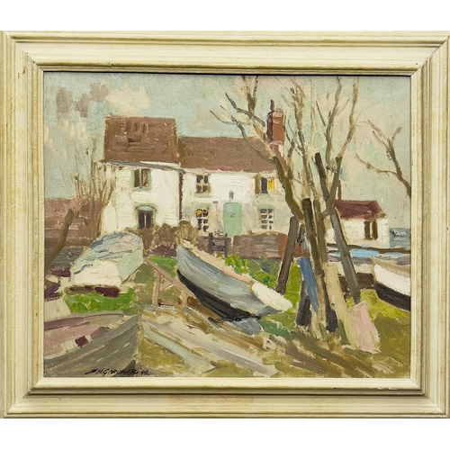 2 - Stanley Horace GARDINER (1887-1952) The Boatyard Oil on panel, signed and dated '48, inscribed to ve... 