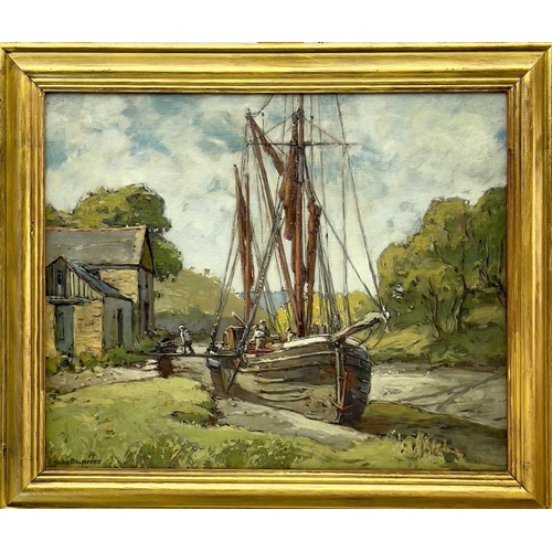 207 - Hurst BALMFORD (1871-1950) Unloading Cargo Oil on board, signed, 47 x 58cm.